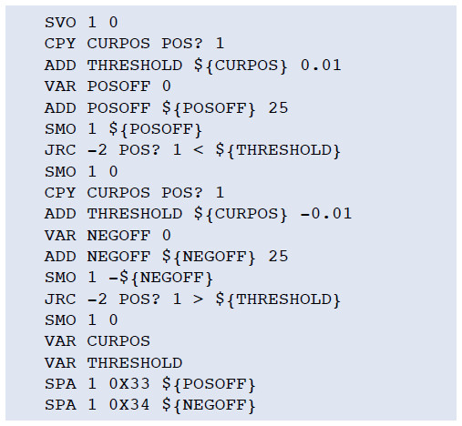 Figure 7 Running this host macro in PIMikroMove will determine the motor output required to drive off, both in a positive as well as a negative direction. These values then are stored as positive and negative motor offsets (0x33, 0x34) in the volatile memory of the controller.