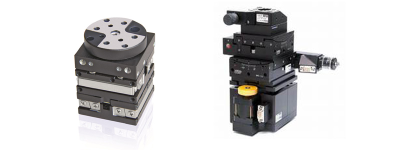 (left) Miniature XY-Rot stage (Ø20mm) based on Q-motion piezo motors  (right) Multi-axis stacked stage based on stepper motors